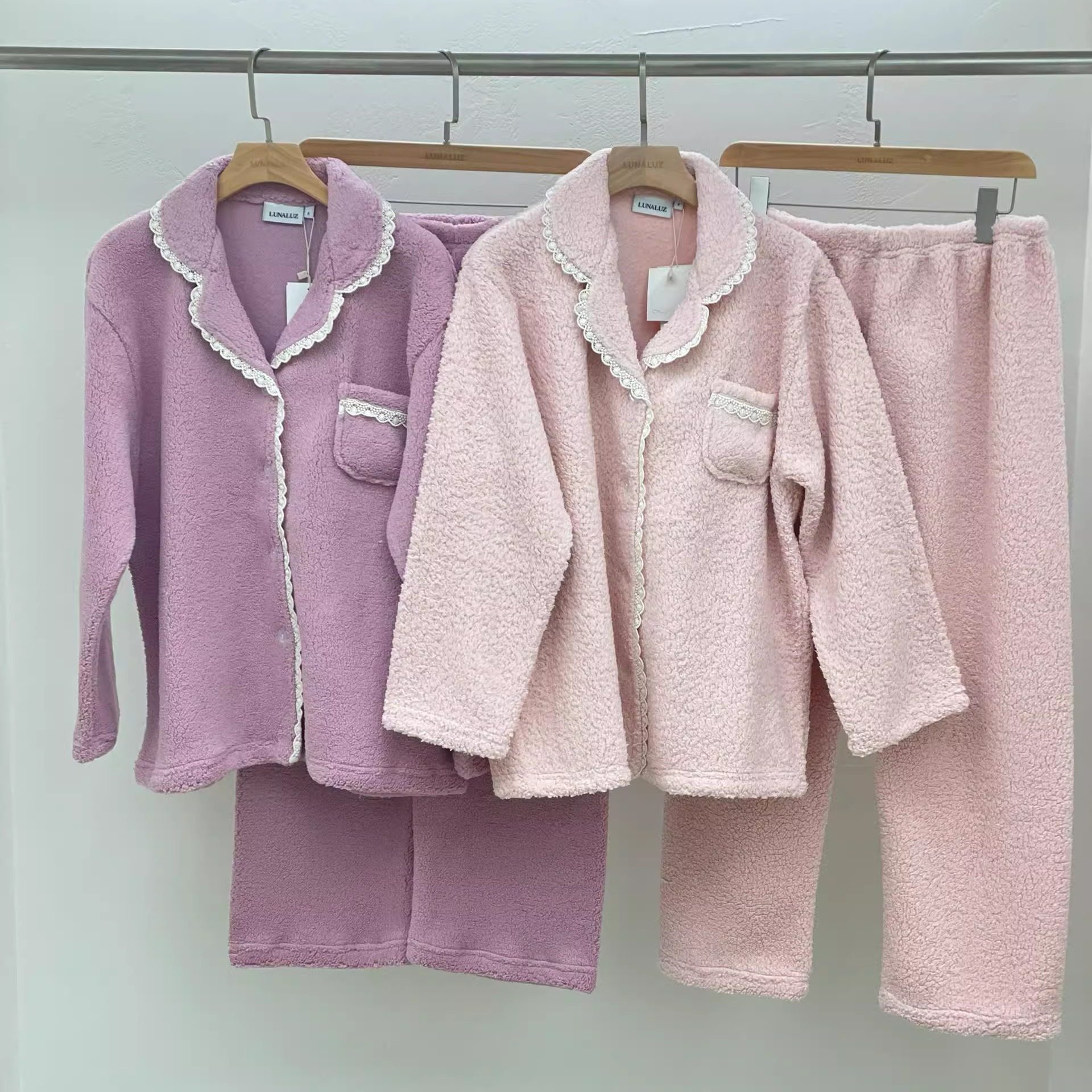 韩国东大门LUNALUZ代购睡衣冬季长袖裤厚绒纯色保暖女家居服套装