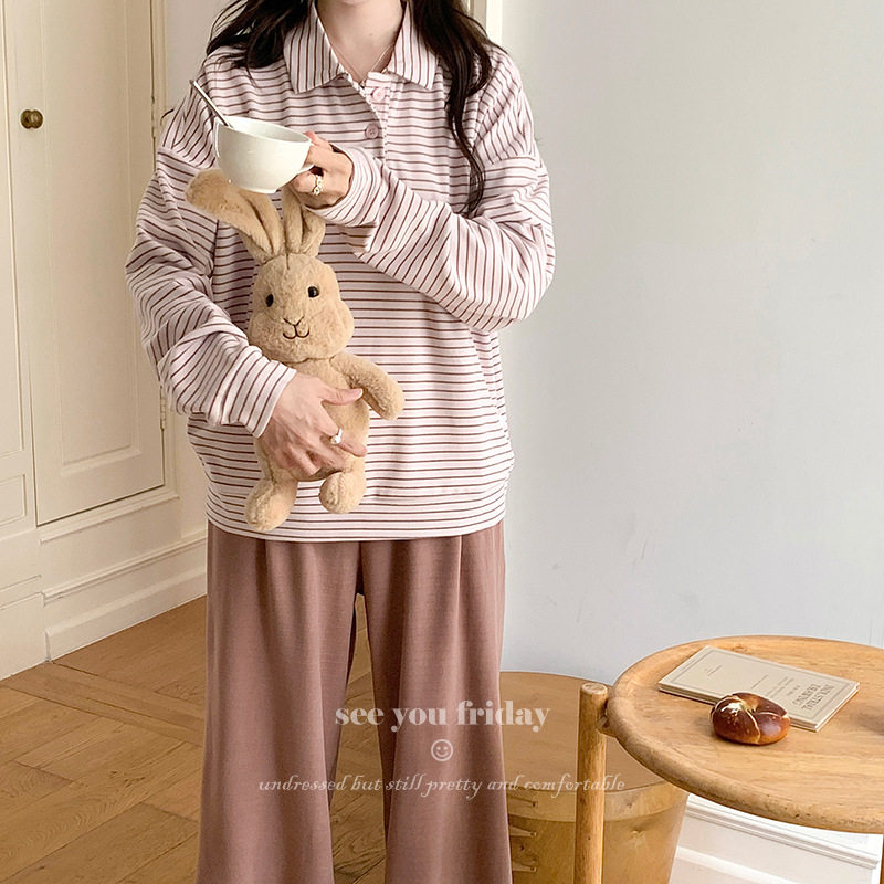 德绒polo翻领条纹长袖长裤女睡衣