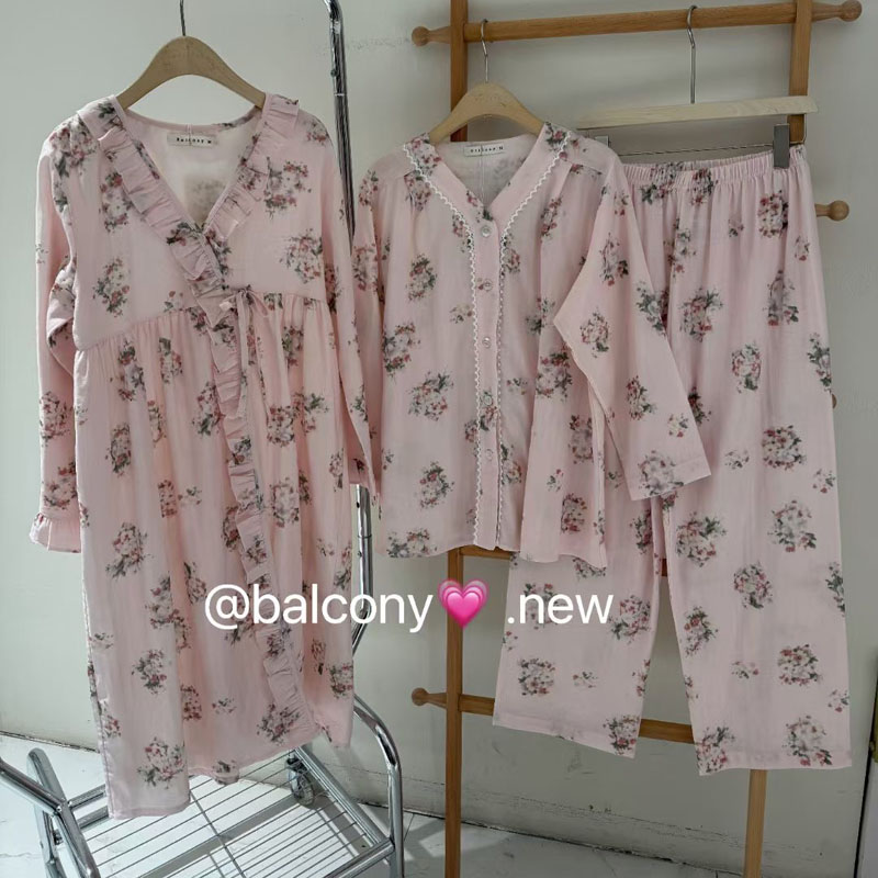 韩国balcony春夏睡衣甜美棉纱布碎花长袖家居服套装可外穿女睡裙