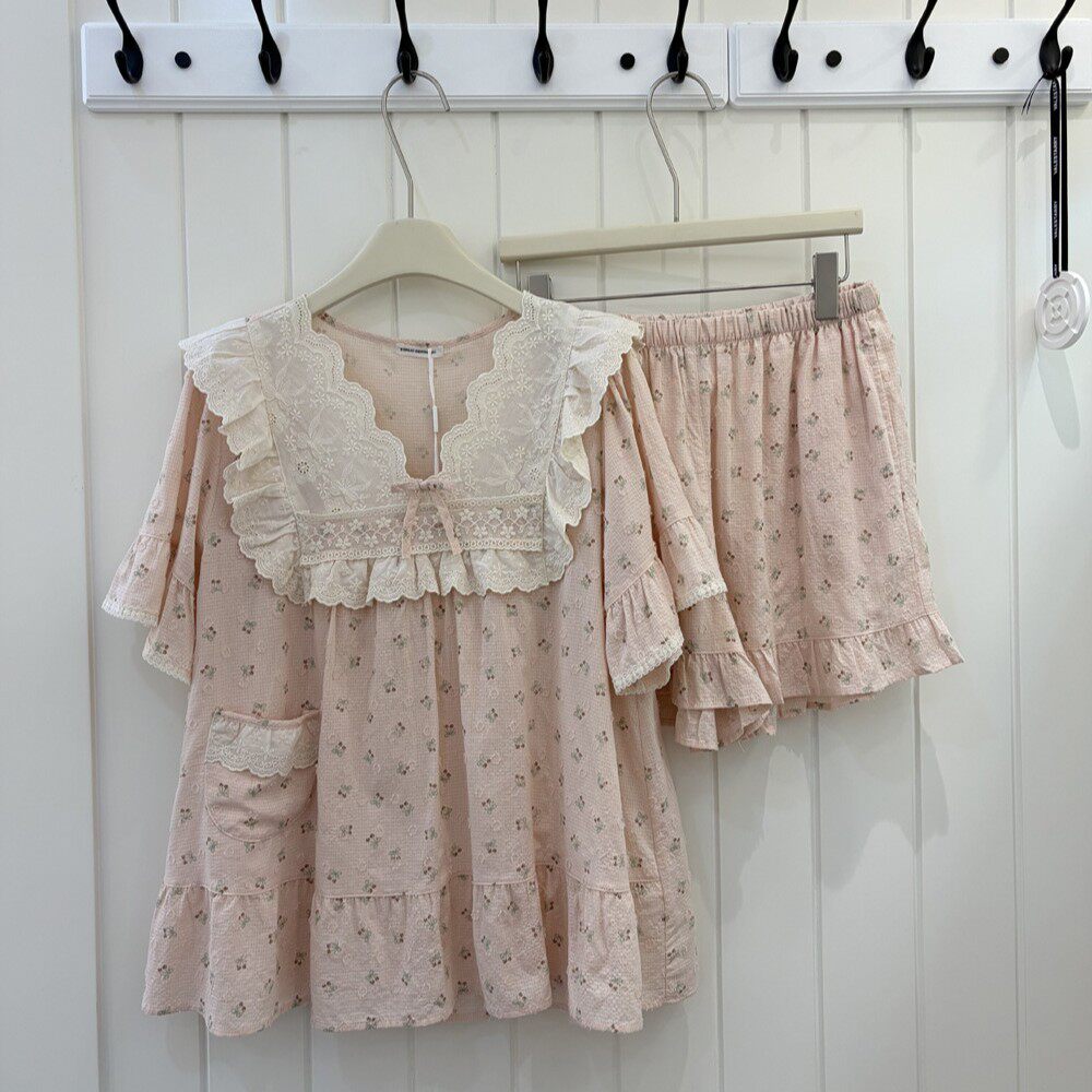 夏季甜美V领短袖短裤家居服女