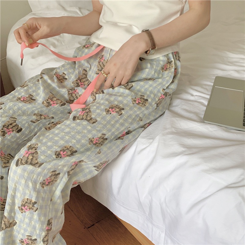 韩国ins风秋夏季泡泡棉长睡裤