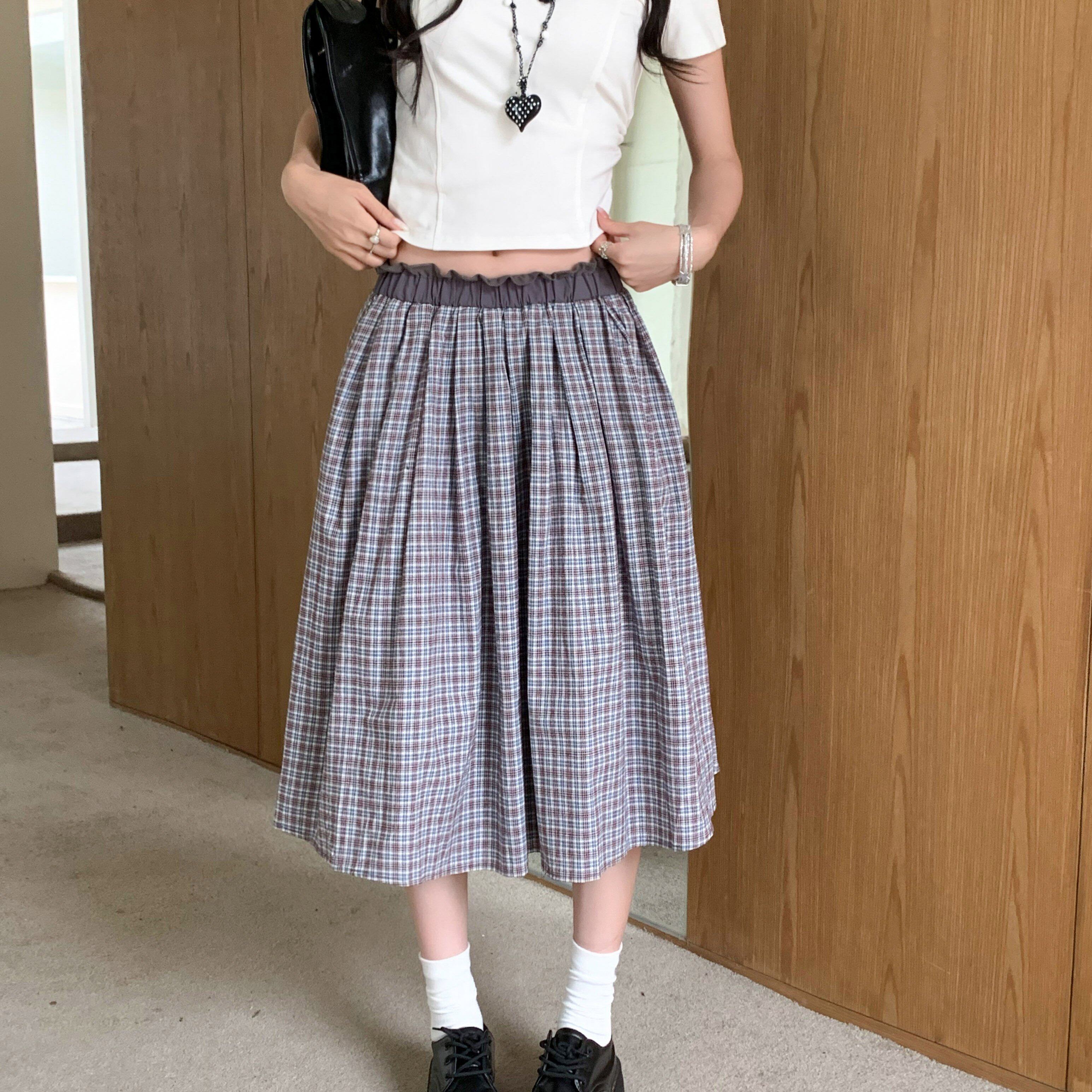实拍夏季学院风韩系格纹低腰宽松半身裙慵懒风显瘦百搭中长款裙子
