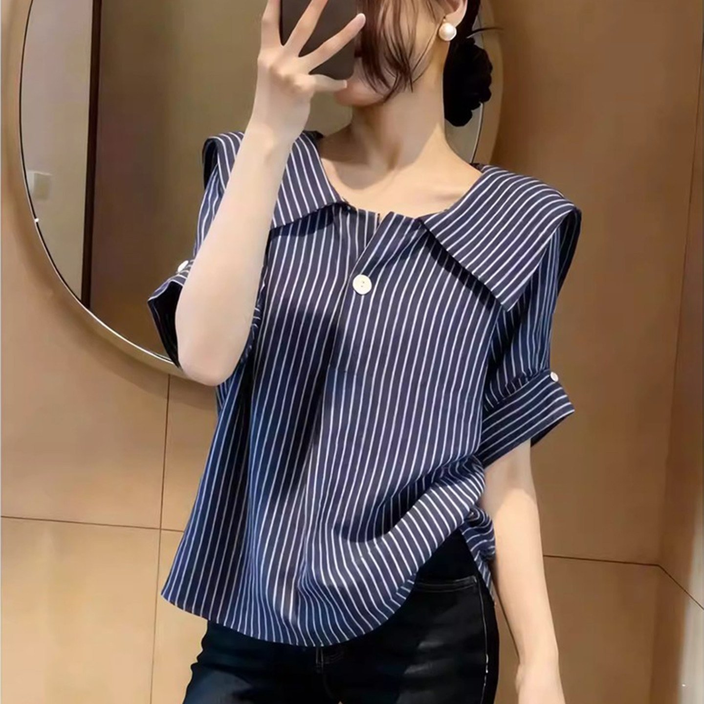 法式复古休闲风翻领撞色条纹衬衫女宽松显瘦短袖上衣韩版时尚衬衣