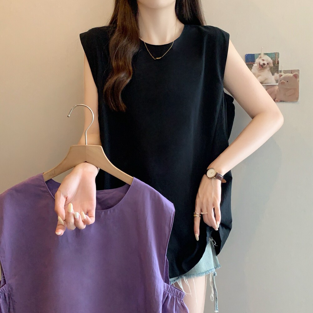 实拍韩版大码褶皱设计感无袖衬衫减龄娃娃衫小个子宽松背心上衣