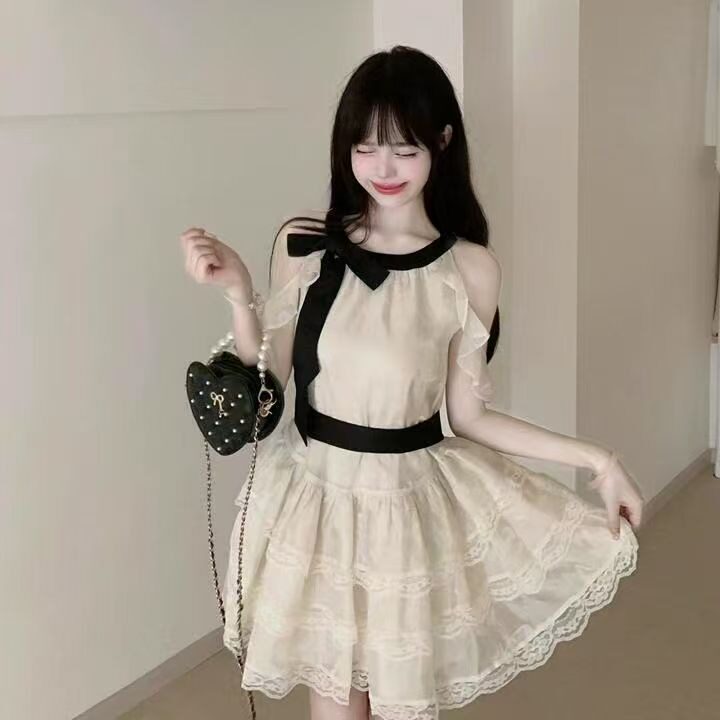 韩系氛围感穿搭法式露肩连衣裙女夏新款生日小礼服高级感蛋糕裙子