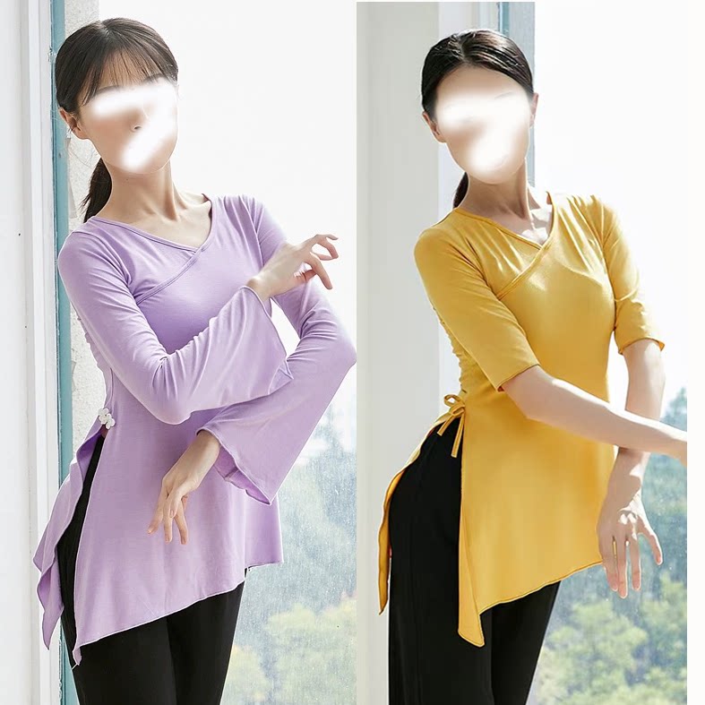莫代尔T恤修身不规则开叉瑜伽运动休闲上衣成人舞蹈服练功古典舞