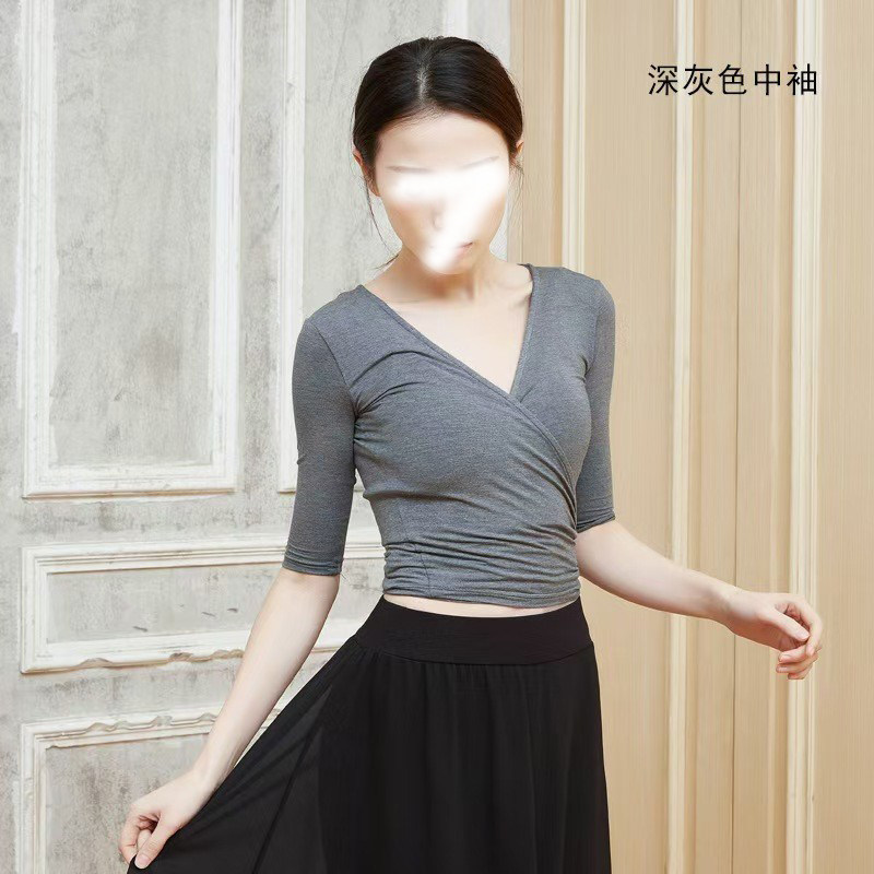 莫代尔T恤交叉绑带一片式V领瑜伽舞蹈练功服古典现代舞性感短上衣