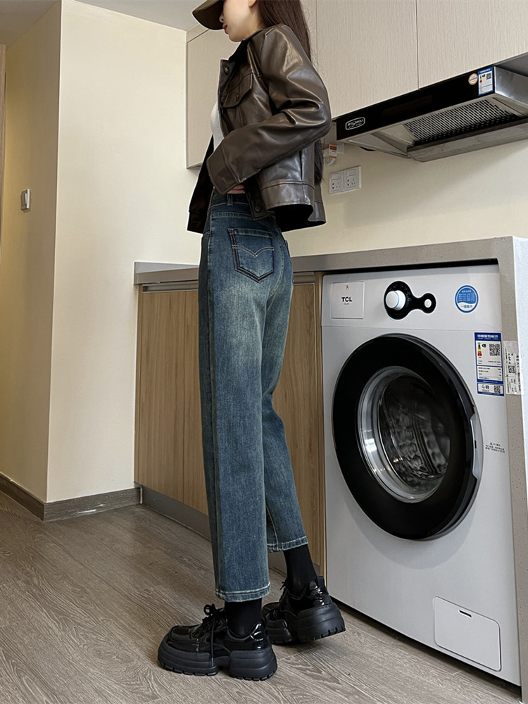 CEMENT GRAY STRAIGHT LEG JEANS WOMENS AUTUMN AND WINTER 2024 HIGH-WAISTED LOOSE THIN SMALL MAN CROPPED FLEECE PIPE PANTS
