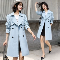 Mùa thu 2019 mới của phụ nữ áo gió mỏng màu xanh nữ dài Phần phiên bản Hàn Quốc của áo khoác đôi thắt lưng ngực - Trench Coat áo phao nữ