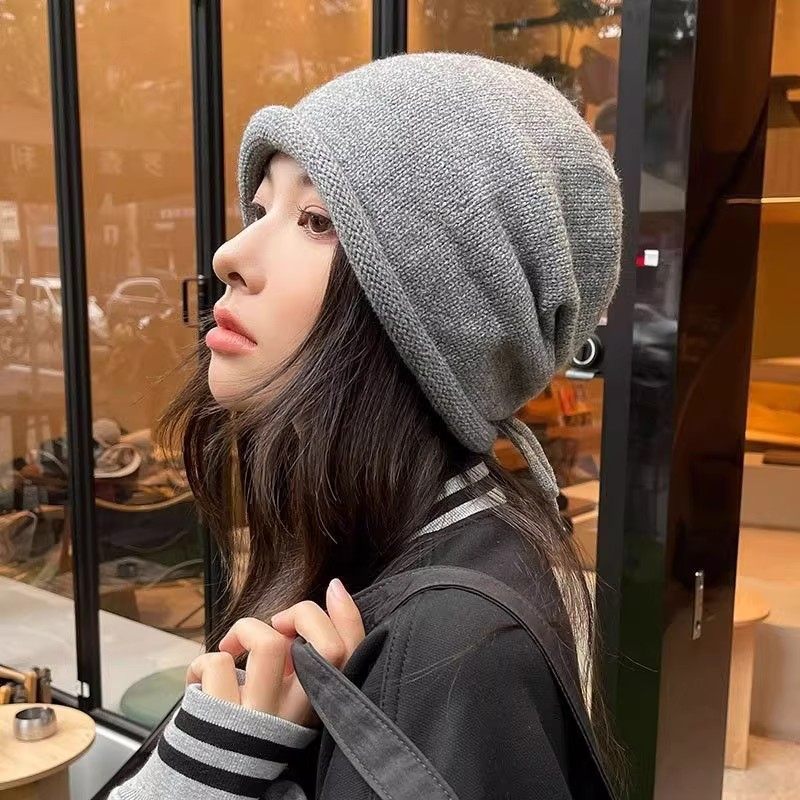 网红堆堆帽女秋冬日系显脸小包头冷帽大头围抽绳卷边针织毛线帽子