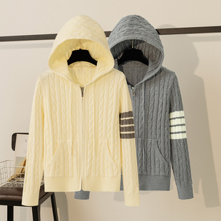 慵懒风拉链内搭毛衣 女学院风卫衣开衫 秋冬经典 百搭连帽麻花针织衫