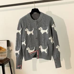 女外套慵懒圆领毛衣短款 全件小狗提花针织开衫 上衣潮 秋冬厚款 韩版