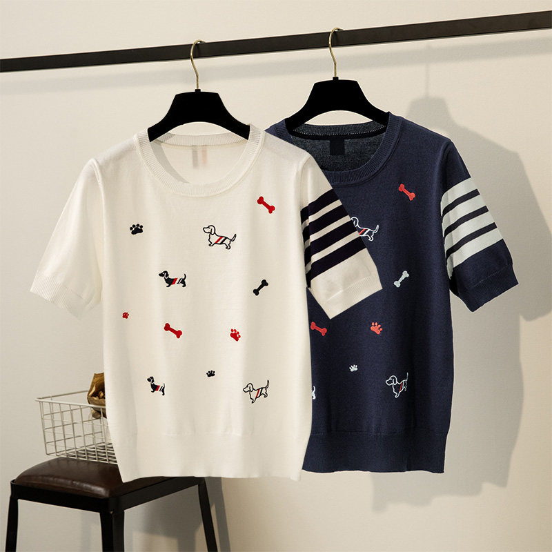 2026夏时尚新款狗狗骨头刺绣短袖T恤女套头针织衫薄款甜辣小上衣