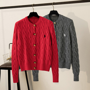 外套女红色厚毛衣气质刺绣圣诞外搭上衣 大麻花针织开衫 秋冬季 新款