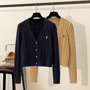 新款 外套小马刺绣洋气长袖 修身 女短款 毛衣 显瘦麻花针织开衫 秋冬季