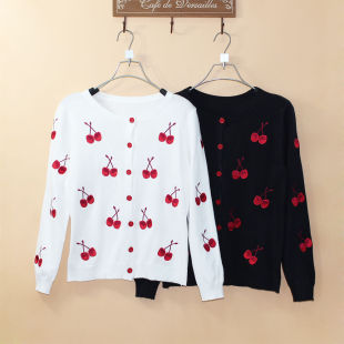 春秋季 短款 毛衣女装 显瘦百搭针织开衫 外套女 刺绣樱桃图案修身 新款