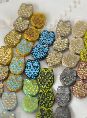 进口捷克珠18x15mm复古高定猫头鹰琉璃珠手工串珠diy材料配件