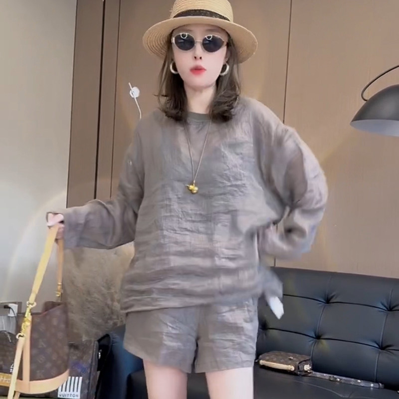 长袖夏季休闲防晒两件套装女洋气老钱风松弛感短裤宽松圆领大T恤