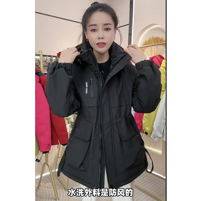 2026春秋中长款夹薄棉冲锋衣外套女洋气抽绳收腰大帽子防水风衣