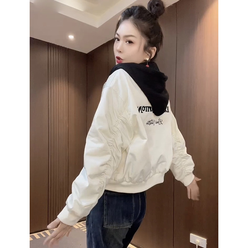 2025秋冬款夹棉衣外套女休闲宽松百搭连帽夹克短款刺绣小个子上衣