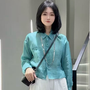 极简风蓝色苎麻衫 衬衫女宽松气质翻领衬衣短款齐腰外搭防晒上衣