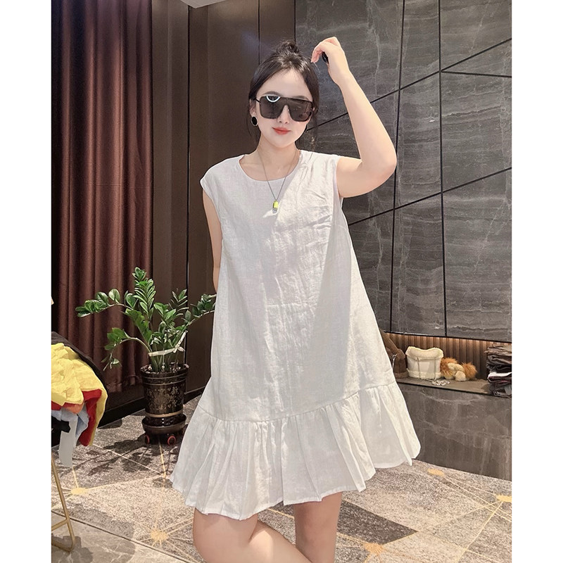 夏季显瘦中长款连衣裙女洋气百搭苎麻透气鱼尾裙子低圆领防晒裙