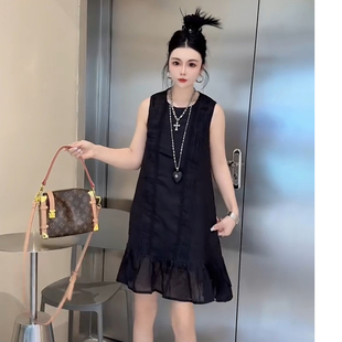 法式休闲无袖苎麻连衣裙女中长款圆领海边旅游减龄透气防晒长裙