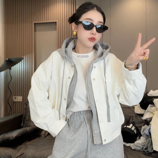 2026春秋款 外套洋气百搭休闲假两件卫衣连帽女上衣夹克服 牛仔短款