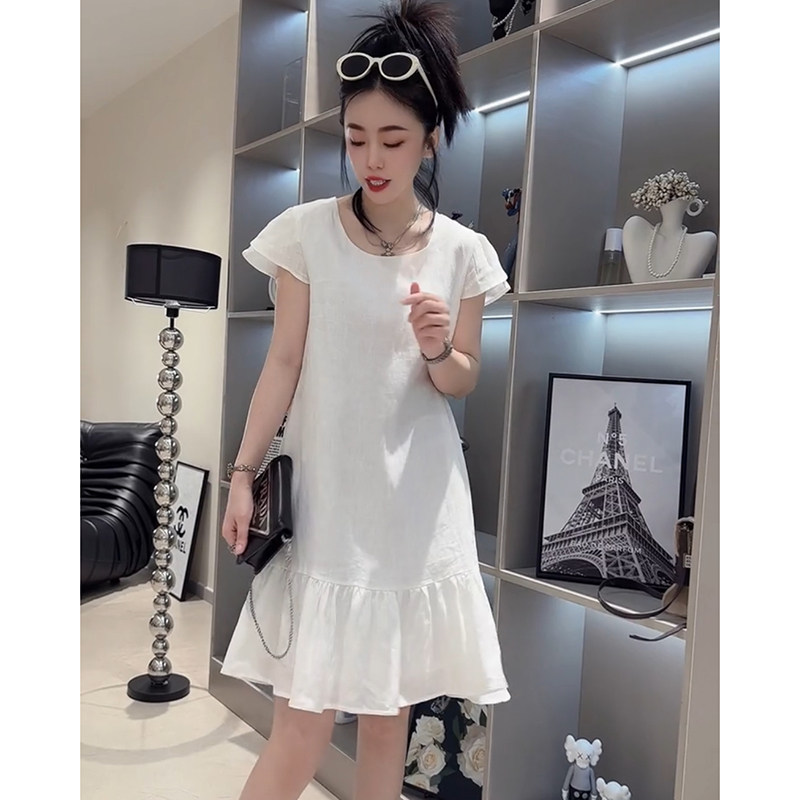 苎麻裙2026夏季极简风白色连衣裙女短袖荷叶边收腰显瘦气质裙子