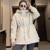 2025秋冬香风新品 时尚 宽松连帽压格收腰连帽显瘦轻薄棉服棉衣女