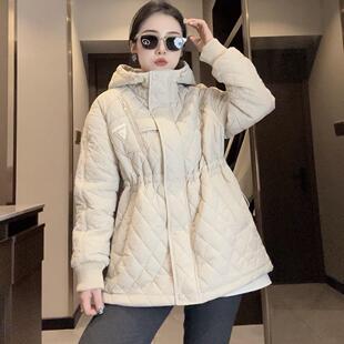 2026春秋夹棉风衣时尚 宽松连帽压格收腰连帽显瘦轻薄棉服棉衣女