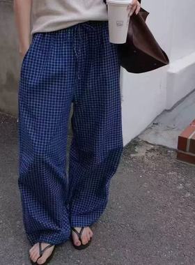 现~2025夏季新女芯宝韩国代购tempting百搭松紧腰抽绳格纹休闲裤