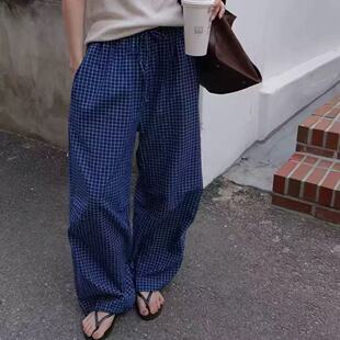 现~2025夏季新女芯宝韩国代购tempting百搭松紧腰抽绳格纹休闲裤