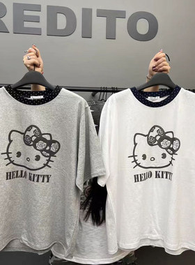 现~2025春夏新女芯宝韩国代购CREDITO时尚KITTY猫圆领拼色短袖T恤