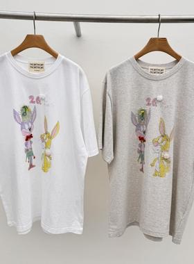 2024冬季新女芯宝韩国代购THORE百搭宽松圆孔龅牙兔子印花短袖T恤