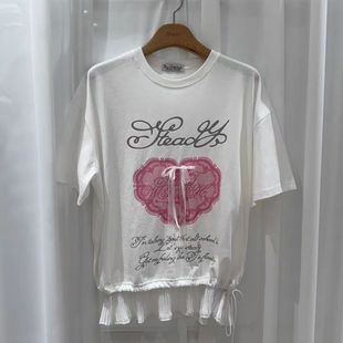 现~2025夏季新女芯宝韩国代购by chapter百搭爱心花边拼接短袖T恤