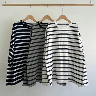 2025春季 百搭圆领条纹宽松长袖 新款 lure时尚 T恤 女芯宝韩国代购 现
