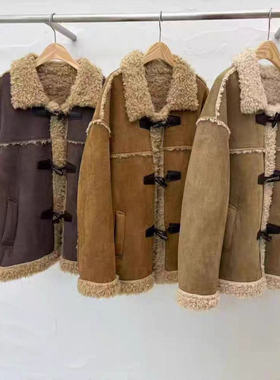 现~2025冬季新款女芯宝韩国代购arancia撞色复古宽松皮毛一体外套