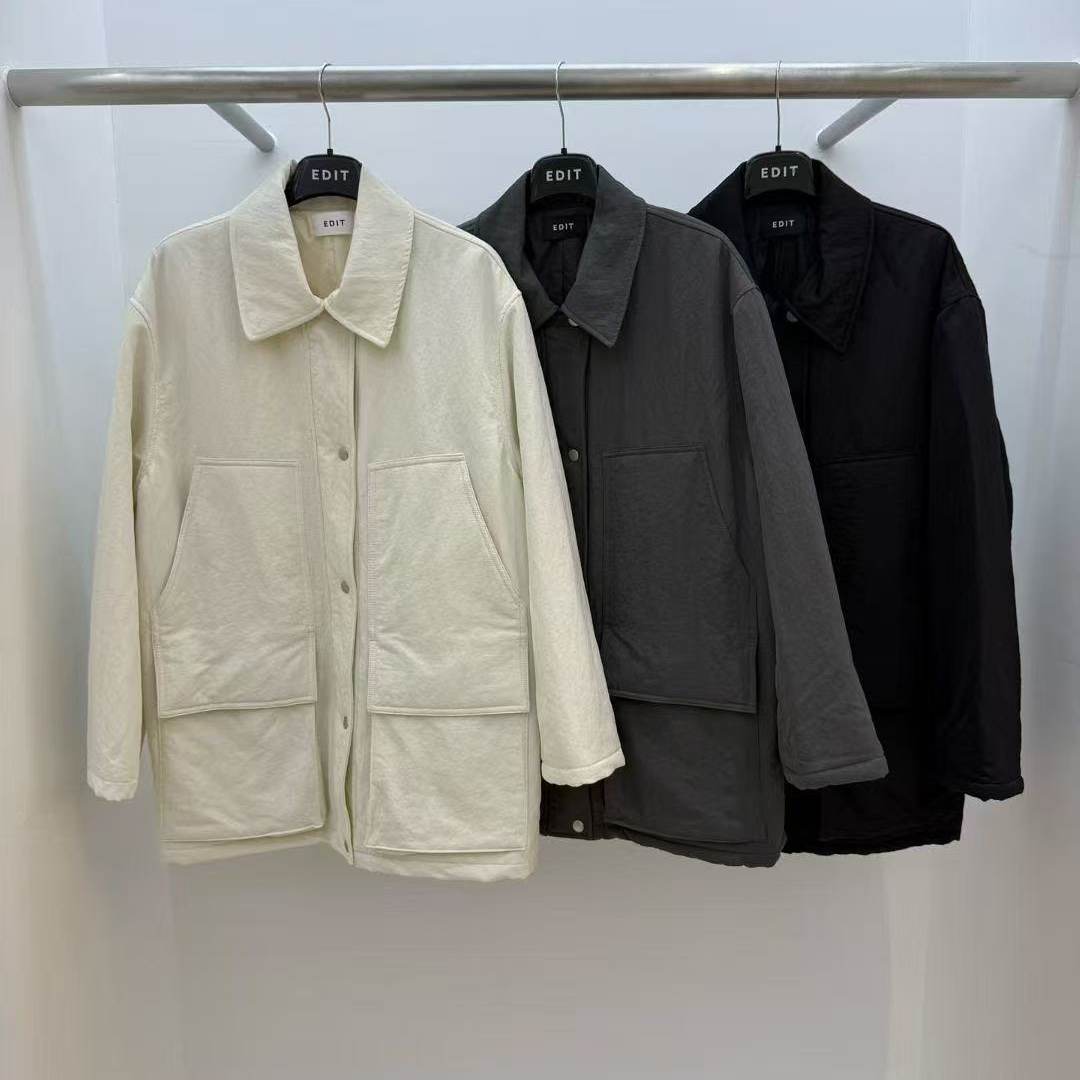 edit时尚大口袋纯色风衣棉服外套