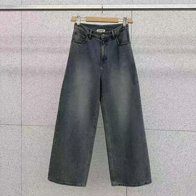 atthebagel高腰磨白直筒牛仔裤