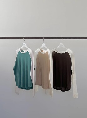 现韩国东大门代购2025春夏新女ERUME百搭圆领落肩拼色轻薄长袖T恤