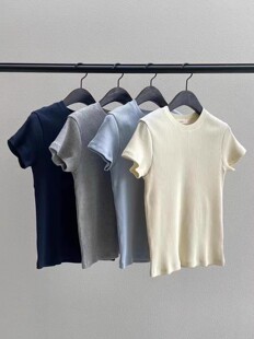 现~OUNCE韩国东大门代购2025春新女清新螺纹圆领显瘦修身打底T恤