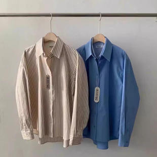 现2025春季新女芯宝韩国代购overtake复古翻领撞色条纹假两件衬衫