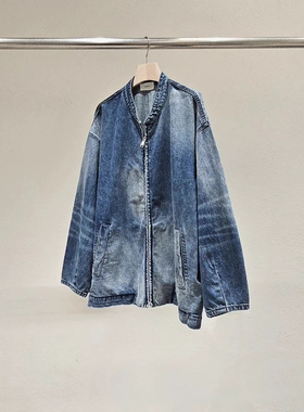 现~2025秋季新女芯宝韩国代购statement时尚做旧拉链宽松牛仔外套