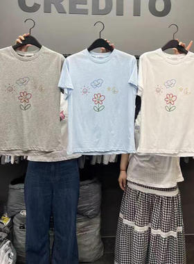 2025夏季新款女芯宝韩国代购CREDITO百搭圆领舒适可爱花朵短袖T恤