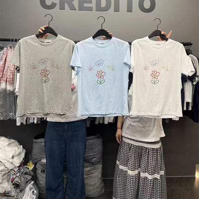 CREDITO百搭舒适可爱花朵短袖T恤