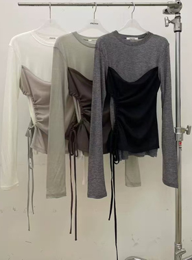 现~2025早秋新女芯宝韩国代购atmosphere时尚拼接抽绳长袖打底T恤