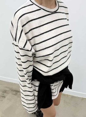 2025冬季新款女芯宝韩国代购EL BOSQUE条纹磨毛加厚侧开叉长袖T恤