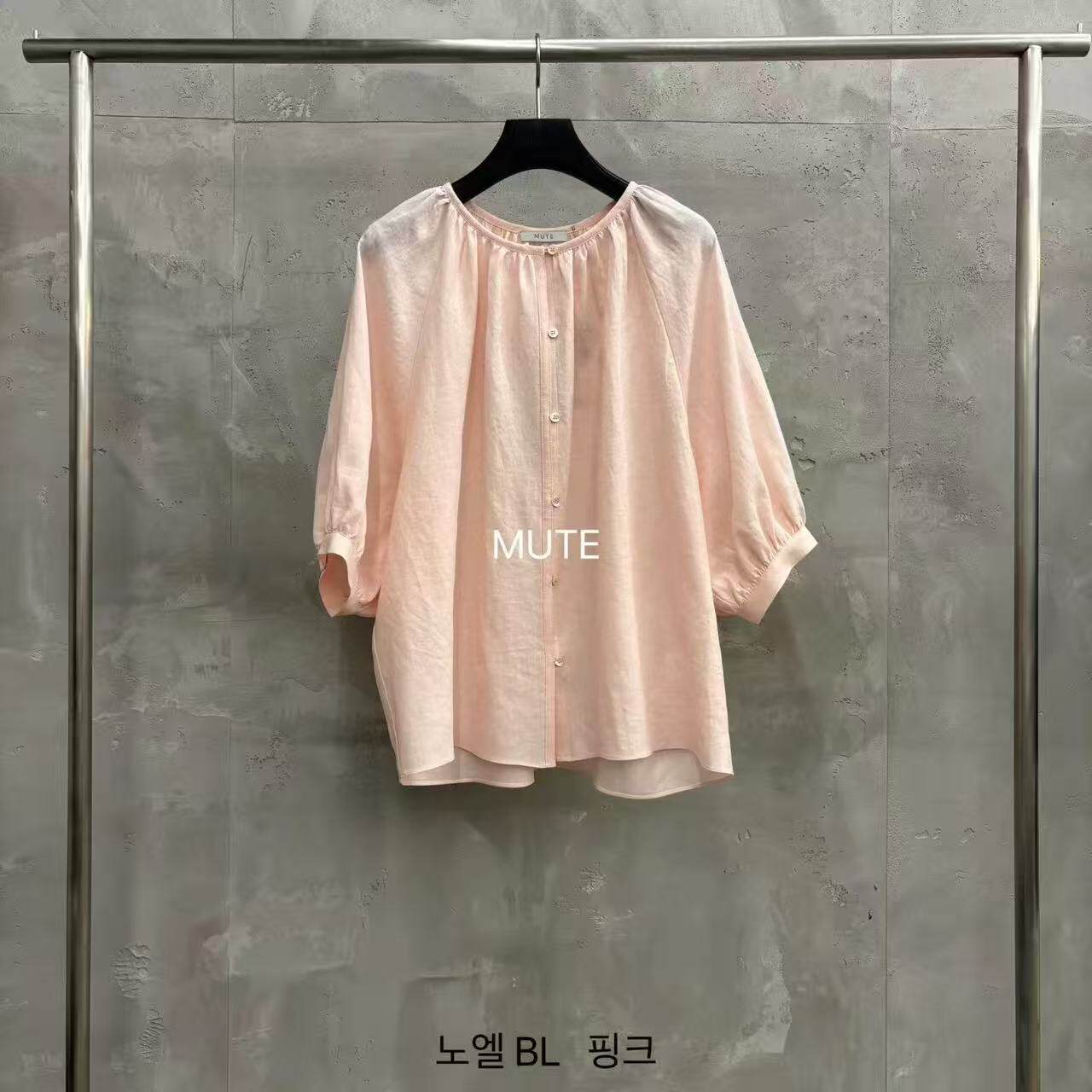 mute舒适圆领系扣宽松短袖衬衫