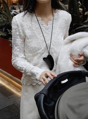 时简 身材雕刻师 冬季款针织衫倾斜下摆V领蕾丝叠穿套头衫82797